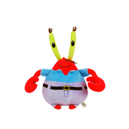 Mr. Krabs plush toy from SpongeBob SquarePants wearing blue shirt and purple pants with yellow belt – soft red crab stuffed animal with tall green eyes for kids and cartoon collectors.
