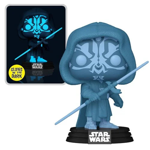 Star Wars Funko Pop Hologram Darth Maul Glow-in-the-Dark vinyl figure with blue lightsaber and hooded cloak on Star Wars display base.