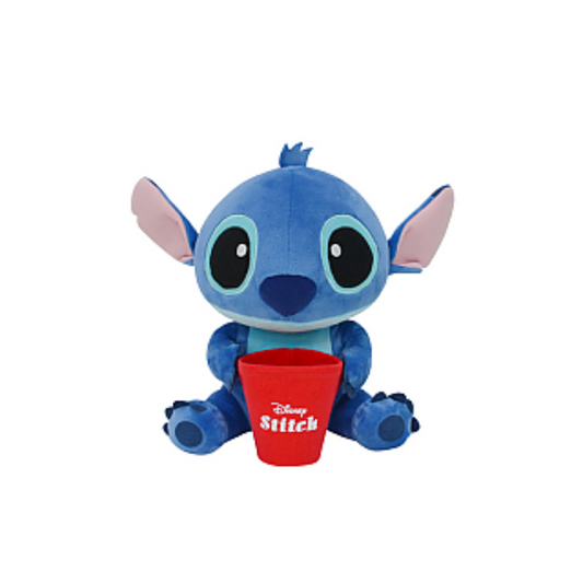 Disney Stitch plush toy holding a red cup, perfect for fans of Lilo & Stitch and collectible plushies.