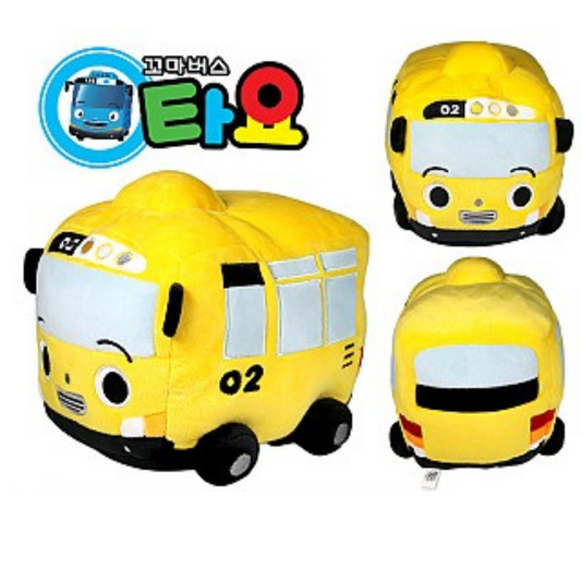 Tayo the Little Bus Lani plush toy in bright yellow with embroidered facial features and number 02, modeled after the animated series character.