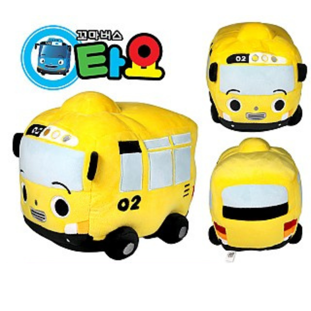 Tayo the Little Bus Lani plush toy in bright yellow with embroidered facial features and number 02, modeled after the animated series character.