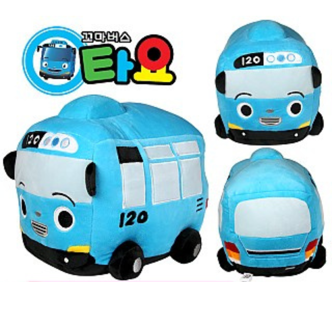 Blue Tayo the Little Bus plush toy with smiling face and embroidered details, featuring number 120 from the animated series.