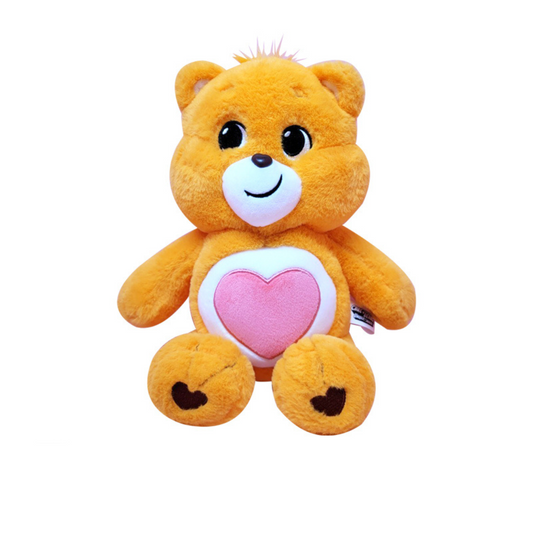 "Tenderheart Bear plush toy – orange Care Bears stuffed animal with pink heart belly badge, soft fabric, heart-shaped paws, and embroidered details – perfect gift for kids and collectors"