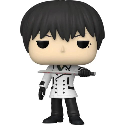 Funko Pop! Vinyl Figure of Kuki Urie from Tokyo Ghoul:re, wearing a white investigator uniform and holding a blood-streaked quinque sword, with black hair and signature mole.