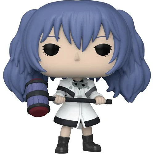 Funko Pop! Vinyl Figure of Saiko Yonebayashi from Tokyo Ghoul:re, with blue twin tails, white investigator uniform, and holding a large purple and red hammer-shaped kagune weapon.