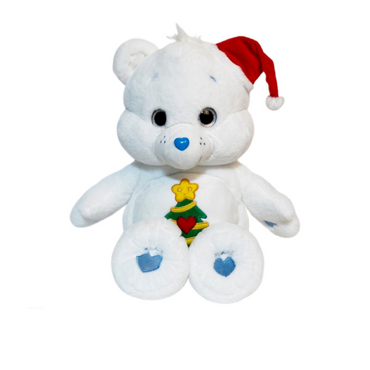 Care Bears Christmas plush toy – white bear with Santa hat, festive tree belly badge, and blue heart paws – holiday collectible stuffed animal