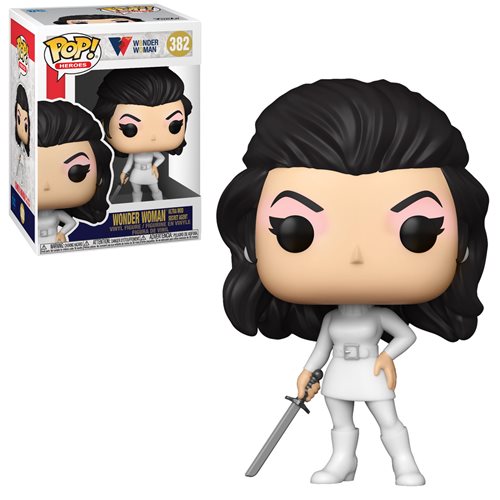 Funko Pop! Vinyl Figure #382 of Wonder Woman in her 1968 Ultra Mod Secret Agent outfit from the 80th Anniversary collection, featuring a white outfit and sword.