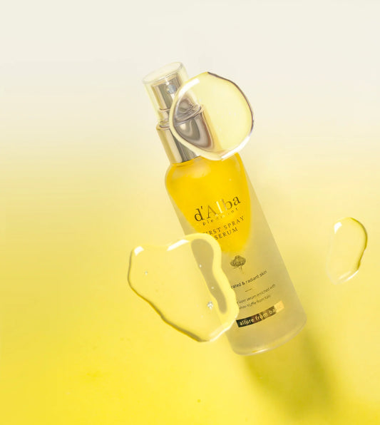Skincare serum bottle with droplet on a yellow gradient background