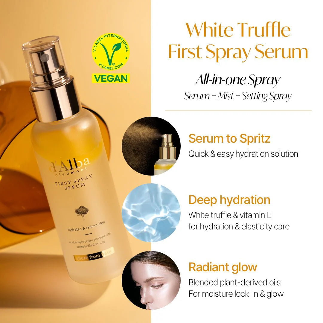 Hala White Truffle First Spray Serum with product details on a beige background
