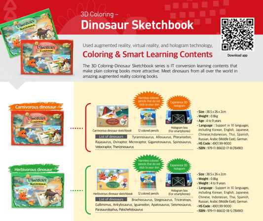 "ColorPopUp Carnivorous Dinosaur Sketchbook set with hologram viewer, 12 colored pencils, AR coloring features, and educational dinosaur content for kids aged 4 to 9"